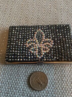 Crystal-Accented Black Card Case - Sparkling Fleur De Lis Design